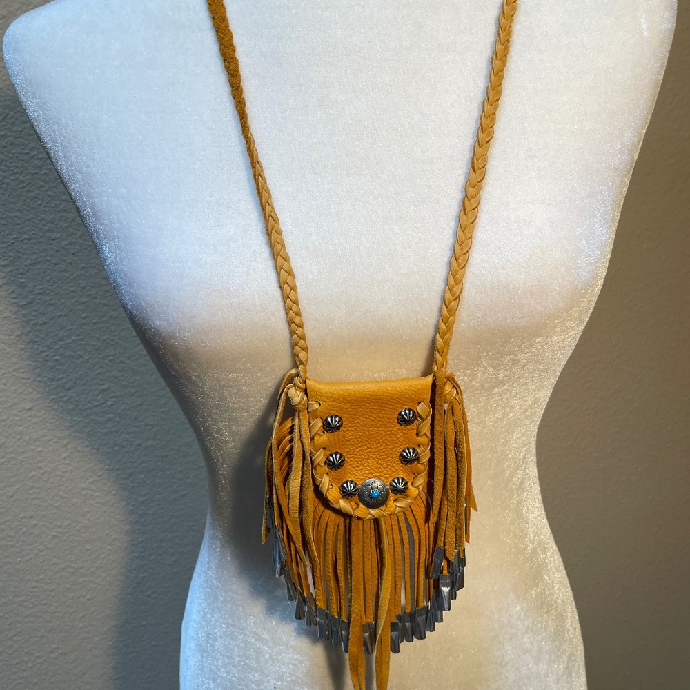Native American Beaded Sterling Silver Turquoise Fringed Medicine Bag, Necklace